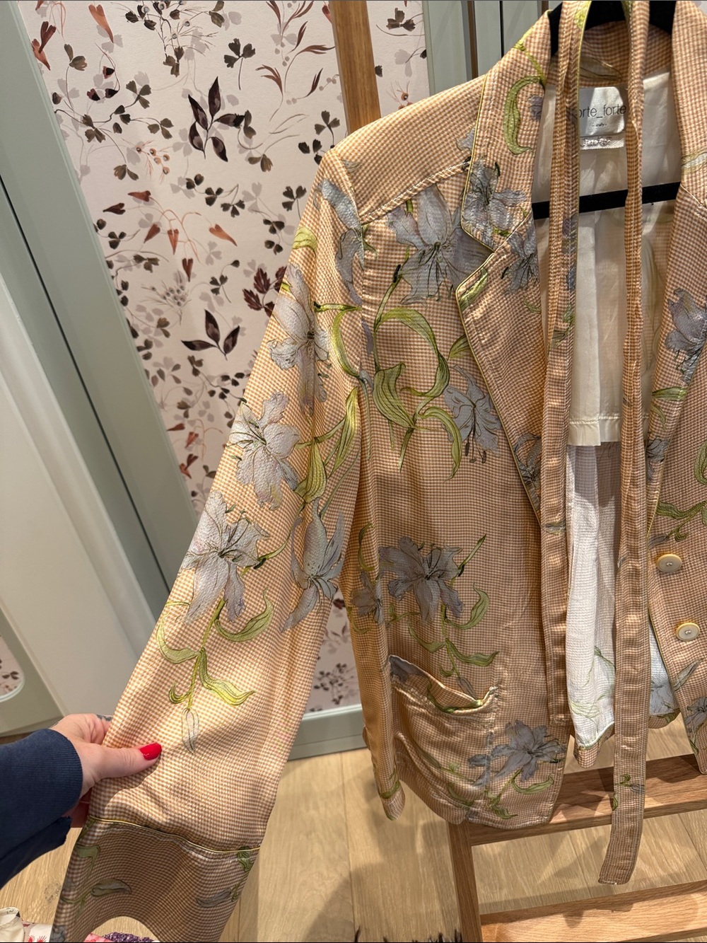 forte_forte Peach Gingham Floral Tie-Neck Blouse - Picture 3 of 6
